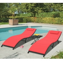 Lacoo Patio Lounge Chair Weather Resistant Wicker Outdoor Chaise Chair Set of 3, Steel Red 350LB