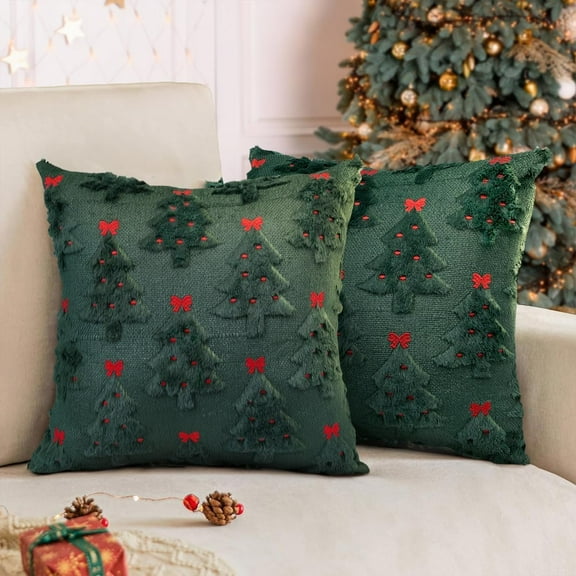 Christmas Pillow Covers 18*18 inch Set of 2 Christmas Decorations Red Bows Xmas Tree Throw Pillow Cases Soft Plush Faux Fur Wool Pillow Covers Winter Holiday Decor for Sofa Living Room