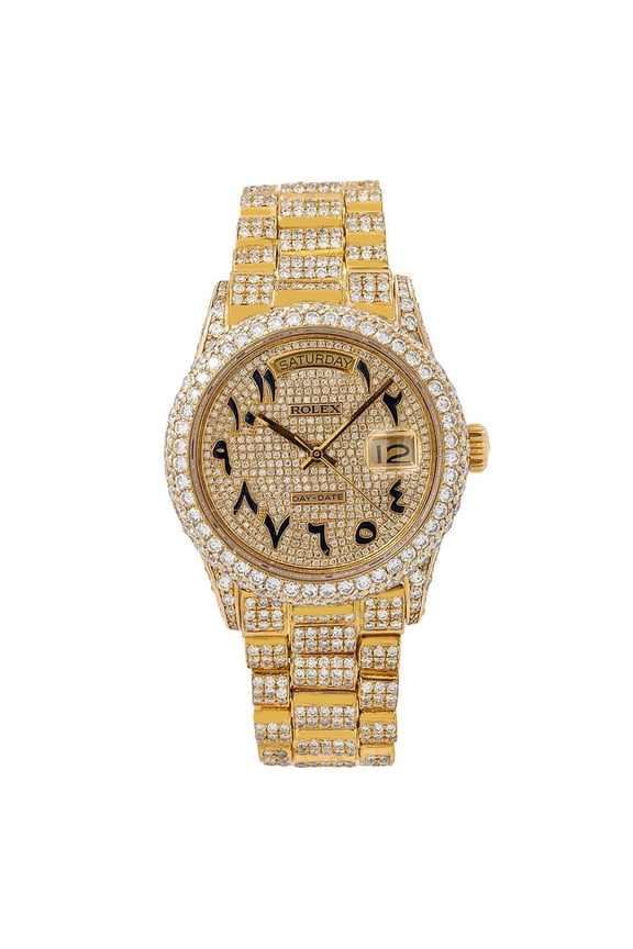 Pre-Owned Rolex Day-Date 36MM 18038 Diamond Paved Eastern Arabic Dial Diamond Bezel 18K Yellow Gold Full Diamond President Bracelet 15.75ct