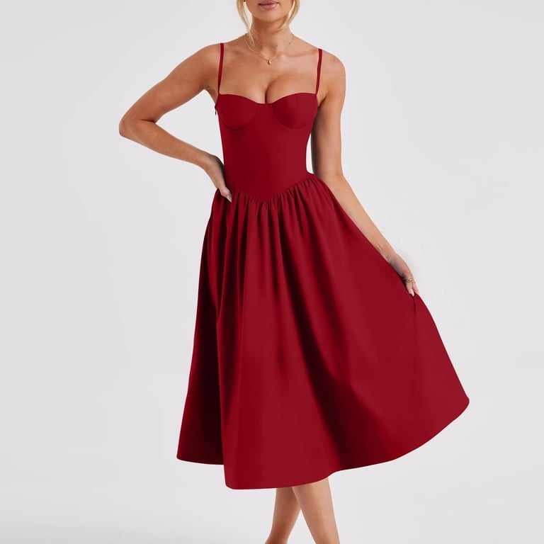 Women's Vintage Corset Dress Spaghetti Strap Midi Dress Solid Color Elegant  Cocktail Party Evening Dresses - Walmart.com