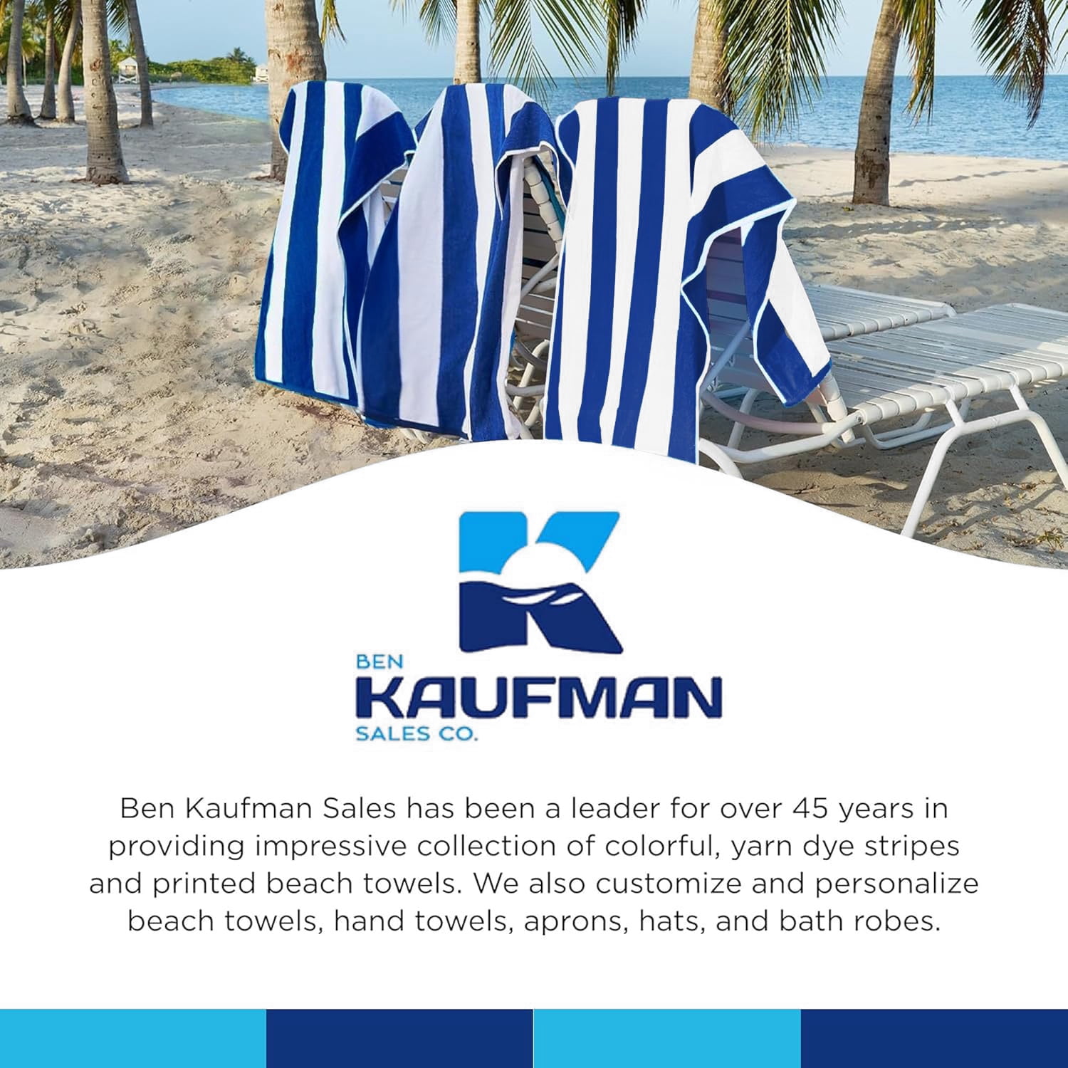 Kaufman - Large Beach Towel | 30" x 60" Terry Cabana Striped Beach Towels | Absorbent, Quick-Drying | Cotton Thick Beach Towels (Blue/White, 4-PK)