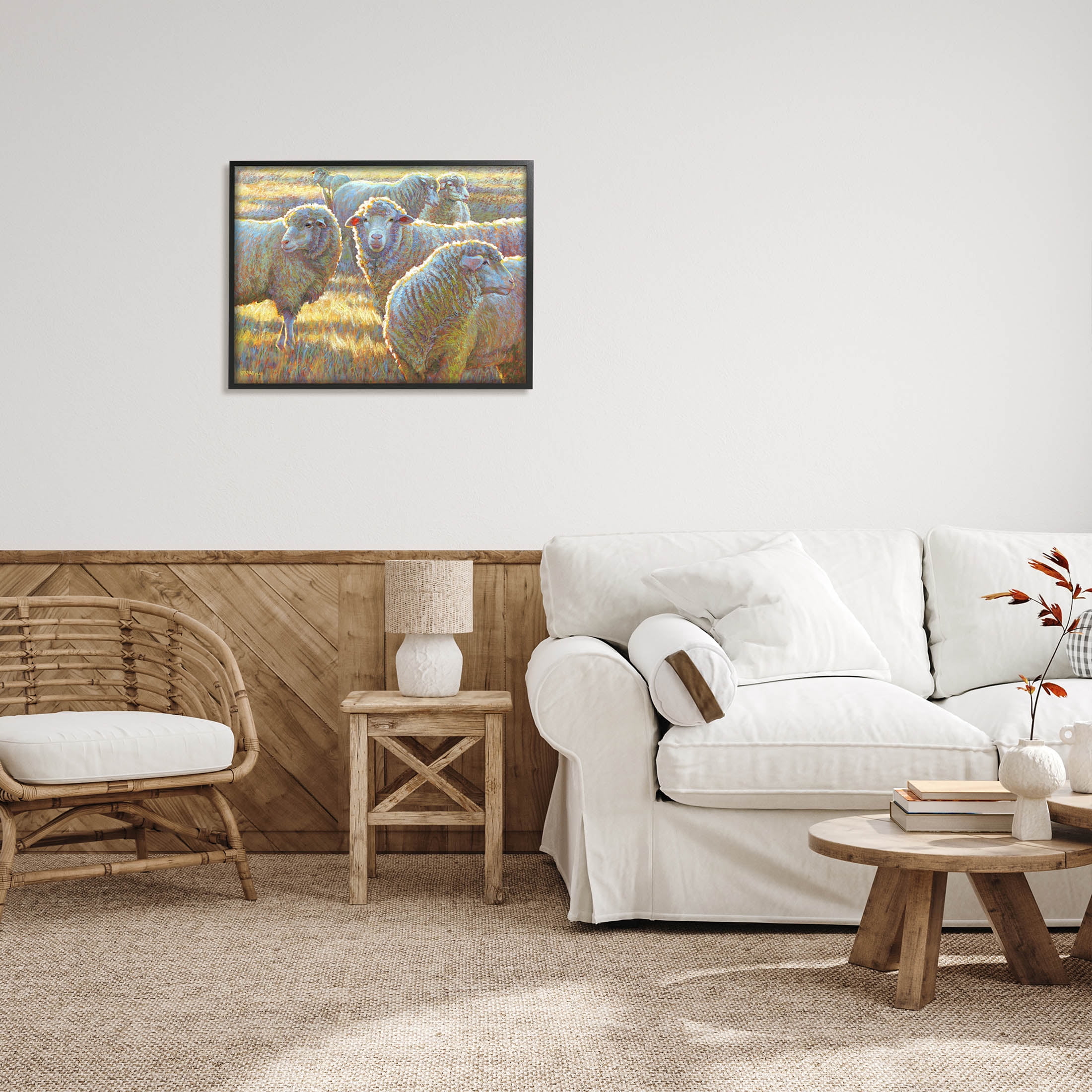 Sheep Herd Grazing Grassland Animals & Insects Painting Black Framed Art Print Wall Art