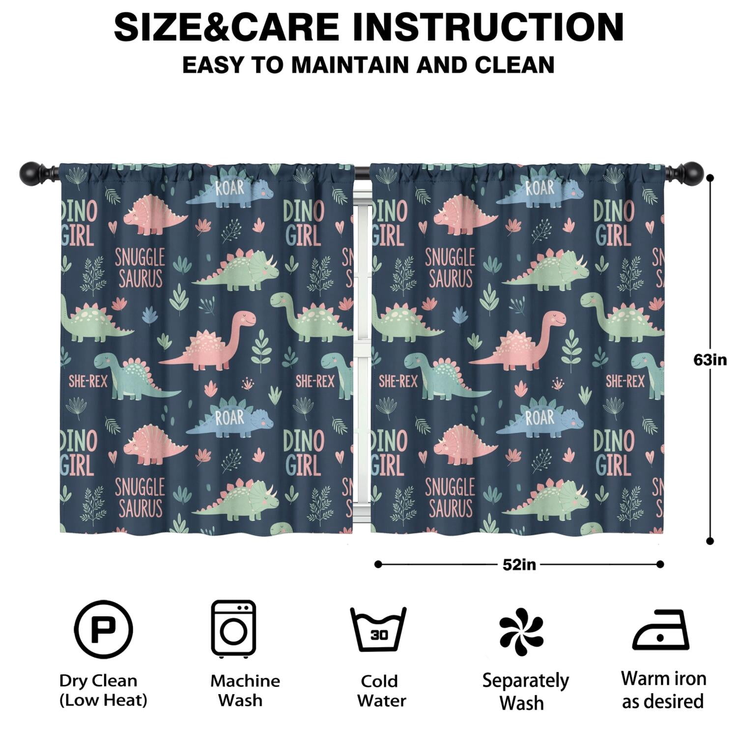 Blackout Kids Curtains,Dark Blue Girl Themed Dinosaurs Pattern Childrens Insulated Curtains Set Of 2,Bedroom Essentials,Toddler Room Decor 52"x63"