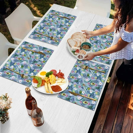 

Placemats Set of 1 Summer Avocados Palm Trees Monsteras Tropical Plants Blue Burlap Placemat Heat Proof Non Slip Place Mats for Kitchen Dining Table 19X13 Inch