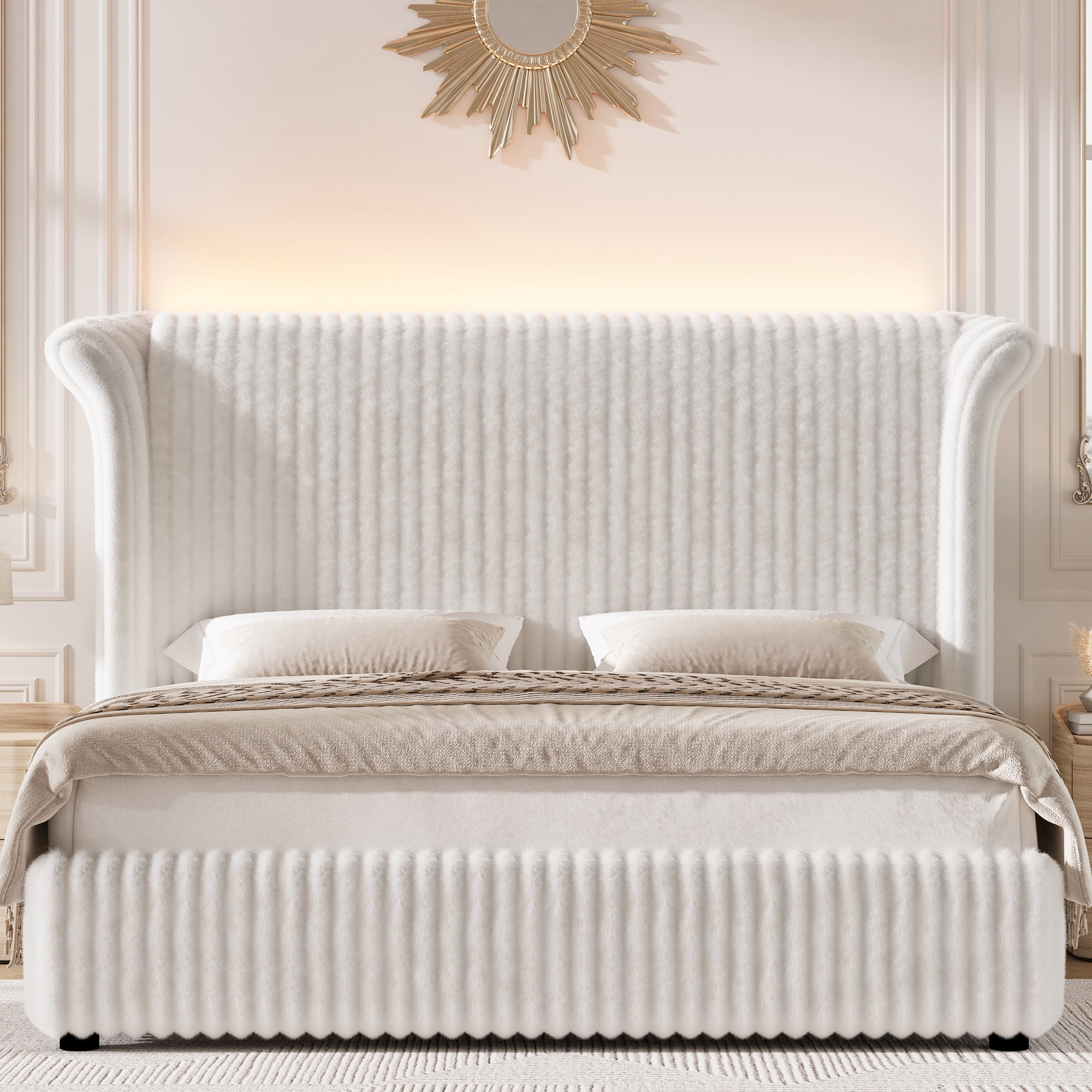 Hiphuta Corduroy Upholstered Queen Size Bed Frame with Headboard, LED Platform Queen Bed Frame with 55"H Tall Vertical Stripe Corduroy Wingback Headboard, White