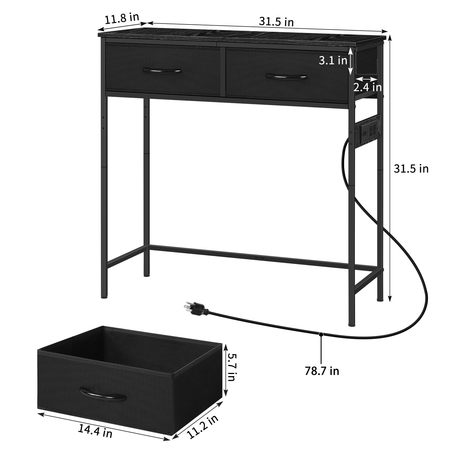 Industrial Console Table with Charging Station, 31.5 Inch Narrow Entryway Table with 2 Fabric Drawers, Side Hook & Adjustable Feet Black