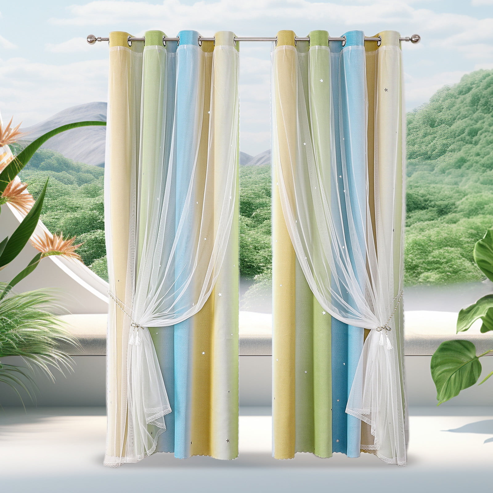 2-in-1 Double-Layer Kids & Girls Unicorn Princess Ombre Blackout Curtains with Foil Print Sheer,Panels for Bedroom, Nursery, Living Room - Yellow Purple Blue, 52W x 63L