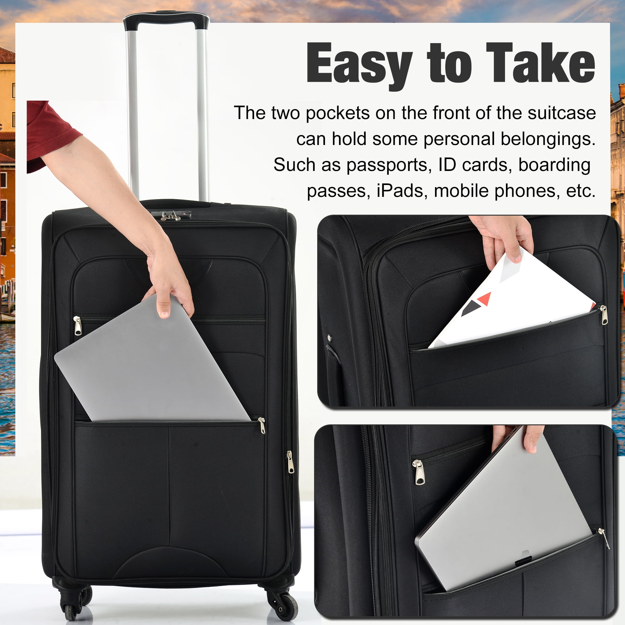 imerelez Softside Luggage Expandable 3 Piece Set Suitcase with Duffel Bag Upright Spinner Softshell Lightweight Luggage Travel Set