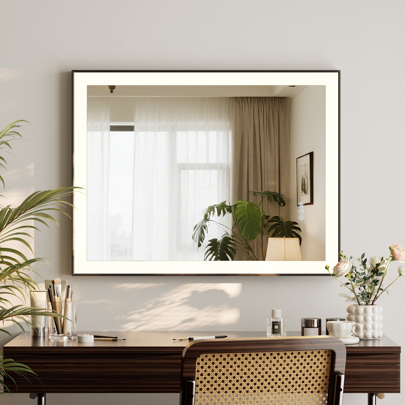 Easy4Home 36"x28" LED Lighted Bathroom Mirror Anti-Fog Vanity Wall-Mounted Mirror with Metal Frame, Black