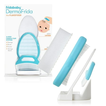 The 3-Step Cradle Cap System, DermaFrida The FlakeFixer, Sponge, Brush, Comb and Storage Stand for Babies with Cradle Cap, White-Blue