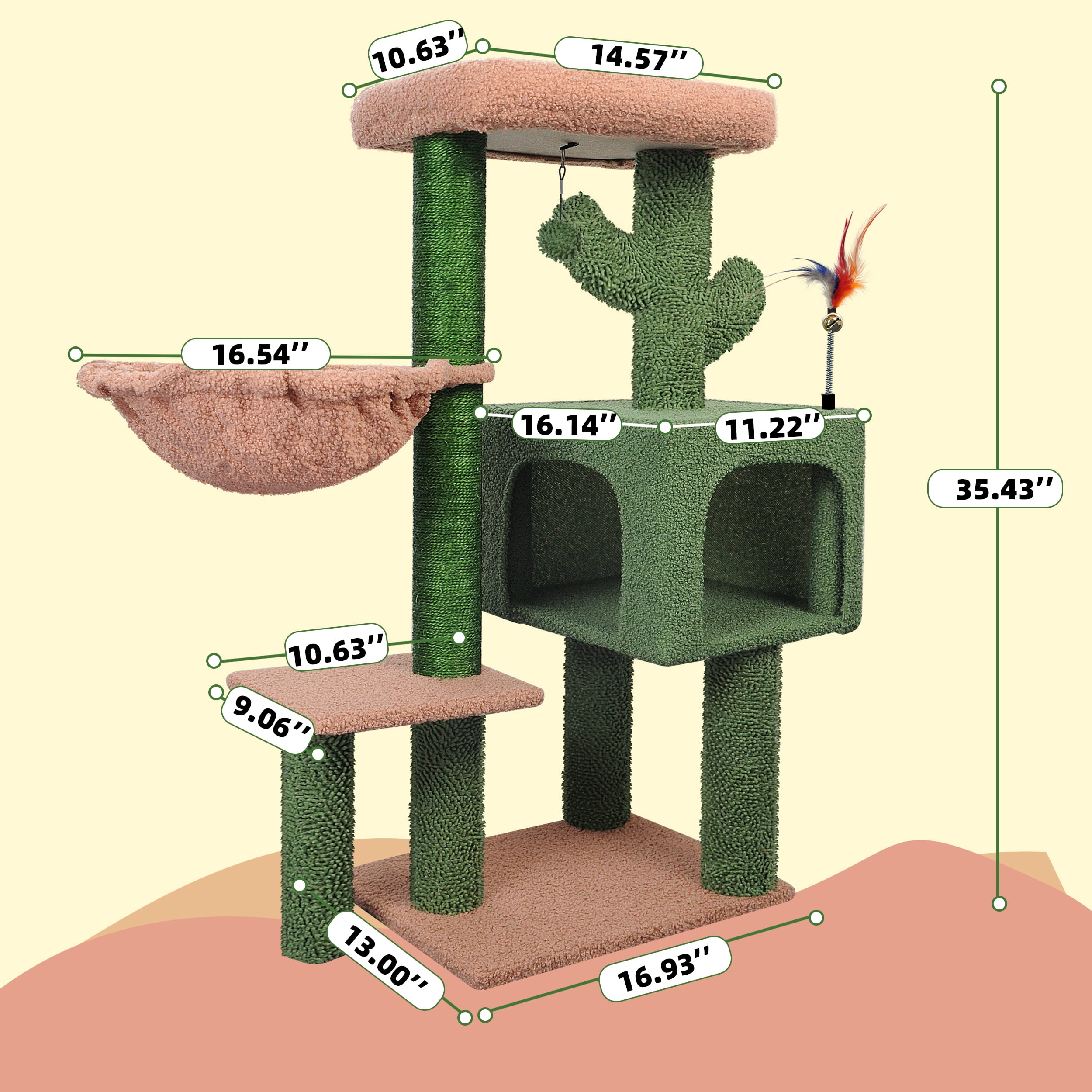 AIWIKIDE 35.4" Desert Cactus Cat Tree With Scratching Toy, Hanging Ball, Cat Tower Furniture Sisal-Covered Scratching Posts,Green
