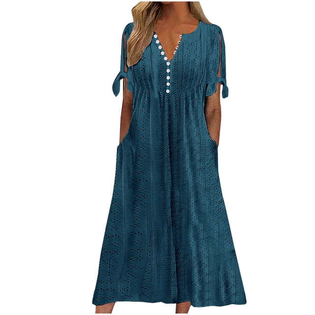 Kaemgyyd Robes de Printemps pour Femmes 2025 Décontractées Col en V Bouton Manches Courtes Robe Midi à Œillets Mignonne Robe de Plage Vacances