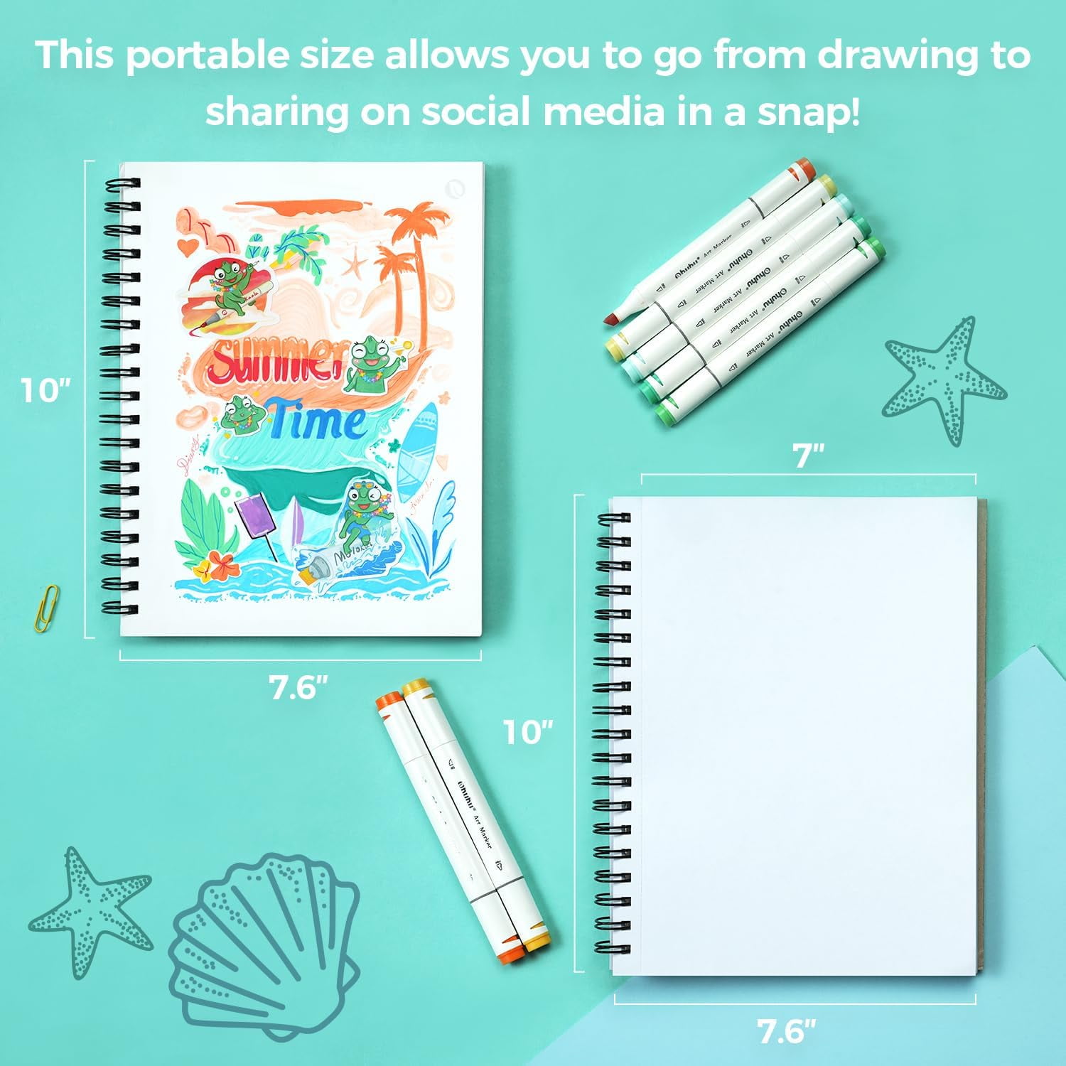 Ohuhu Double-Sided Marker Pad Art Sketchbook Bleedproof 7"x10" 90 lb/150 GSM Smooth Paper 60 Sheets/120 Pages Spiral Bound for Alcohol Markers