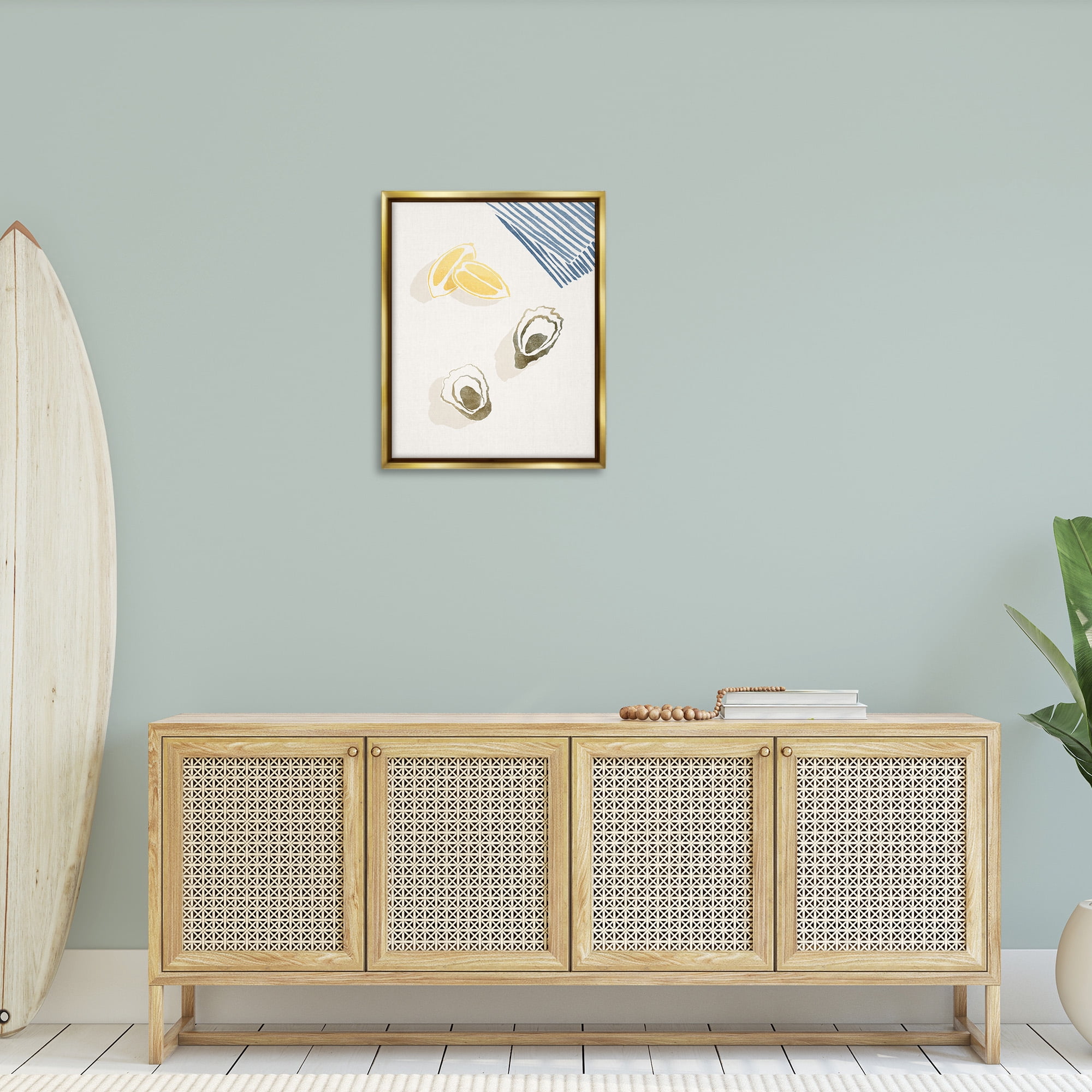 Stupell Industries Minimal Oysters & Lemons Animals & Insects Painting Gold Floater Framed Canvas Art Print Wall Art, 25 x 31