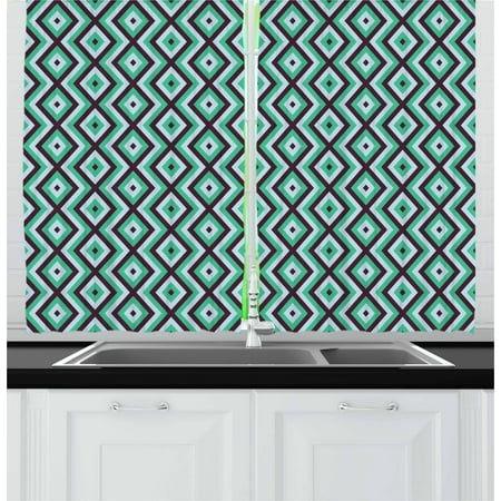 Teal and White Curtains 2 Panels Set, Abstract Geometric Minimalists Design Retro Diamond Line, Window Drapes for Living Room Bedroom, 55W X 39L Inches, Sea Green Baby Blue Seal Brown, by