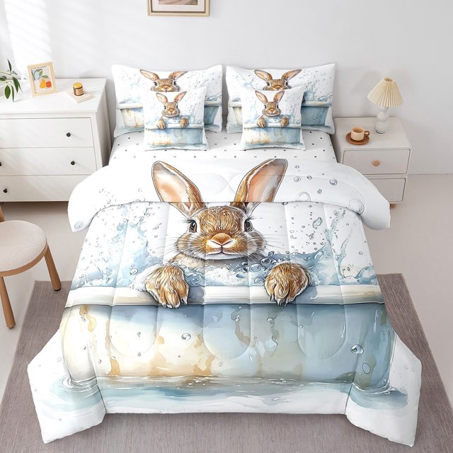 Erosebridal Animal Rabbit Bedding Sets Twin Size,Cartoon Wildlife Comforter Sets with Sheets,Easter Bedroom Decor,Reversible,7pcs