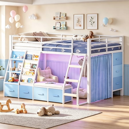 Twin Size Low Loft Bed with 7 Drawers & Bookshelf Reading Nook & Upholster Cushioned Seats LED Under-bed Play House Metal Platform Bed Small Space Furniture Blue