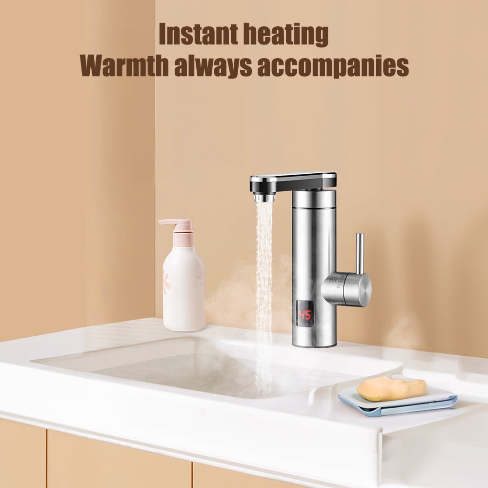 YAHHU Tankless Electric Faucet 3300W Fast Heating Water Tap LED Temp Display 304 Stainless Steel 360 Rotation Single Handle for Bathroom, Silver UK Plug (8.66 inches / 220 mm)