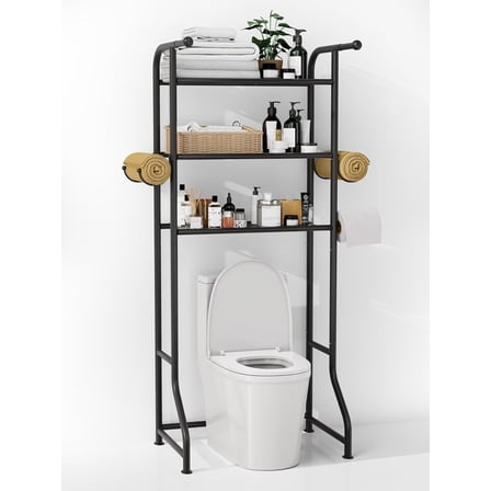 3-Tier Over The Toilet Storage Shelf，Bathroom Organizers and Storage Over Toilet，Metal Bathroom Space Saver with 2 Bars，1 Paper Holder and 4 Hooks,Black