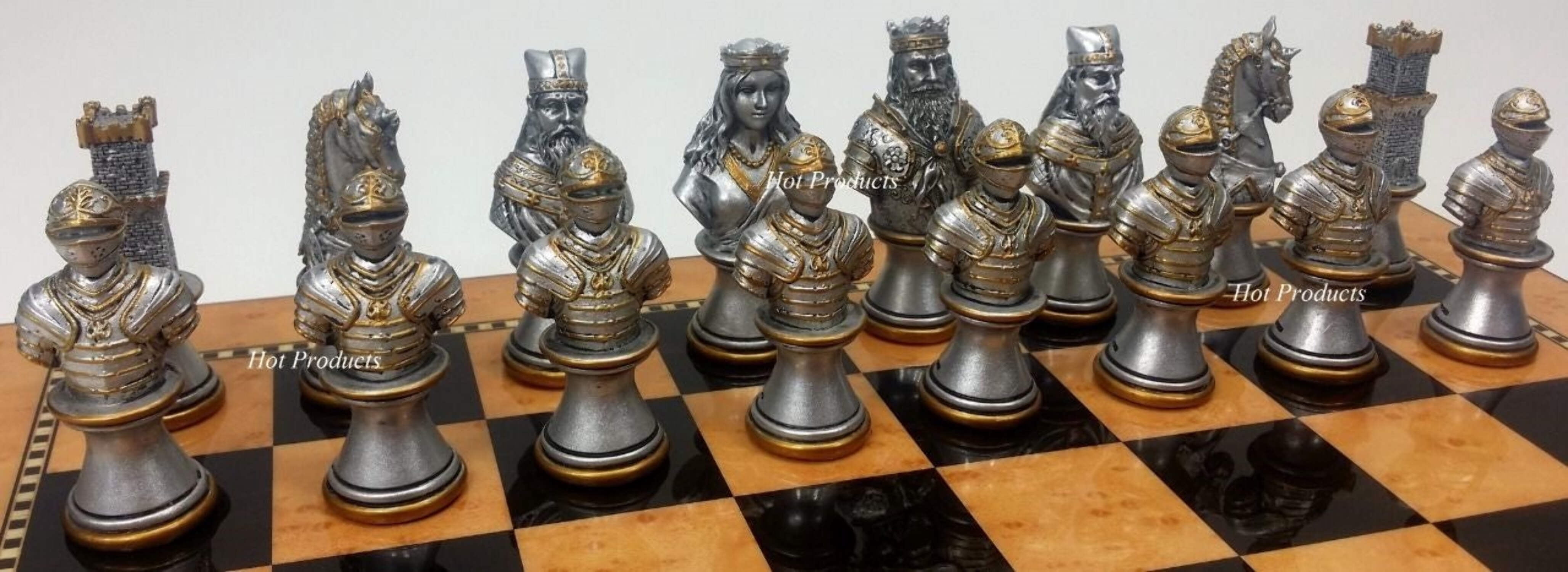 Medieval Times Crusades Busts GOLD SILVER Chess Set Walnut  Maple Color BD 15"
