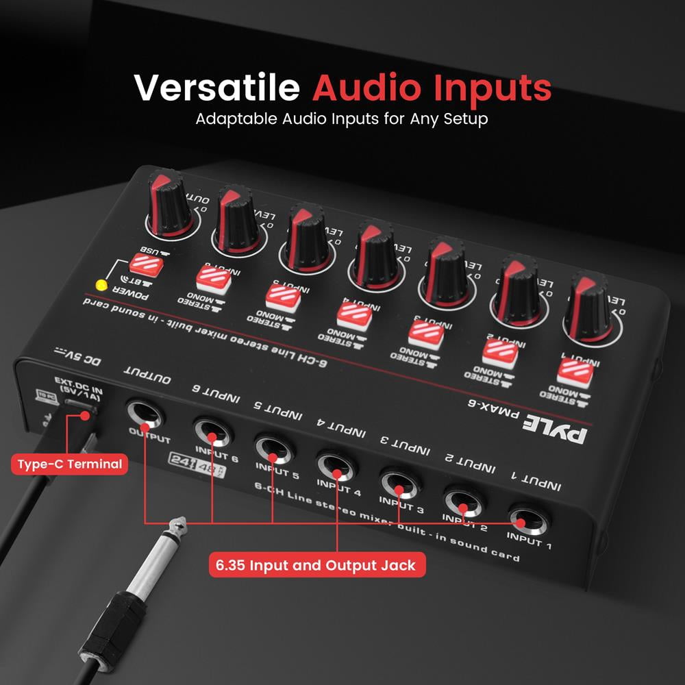 6-Channel Wireless BT Streaming Mini Line Mixer with USB Audio Interface - 6 Mono/Stereo Switching Inputs