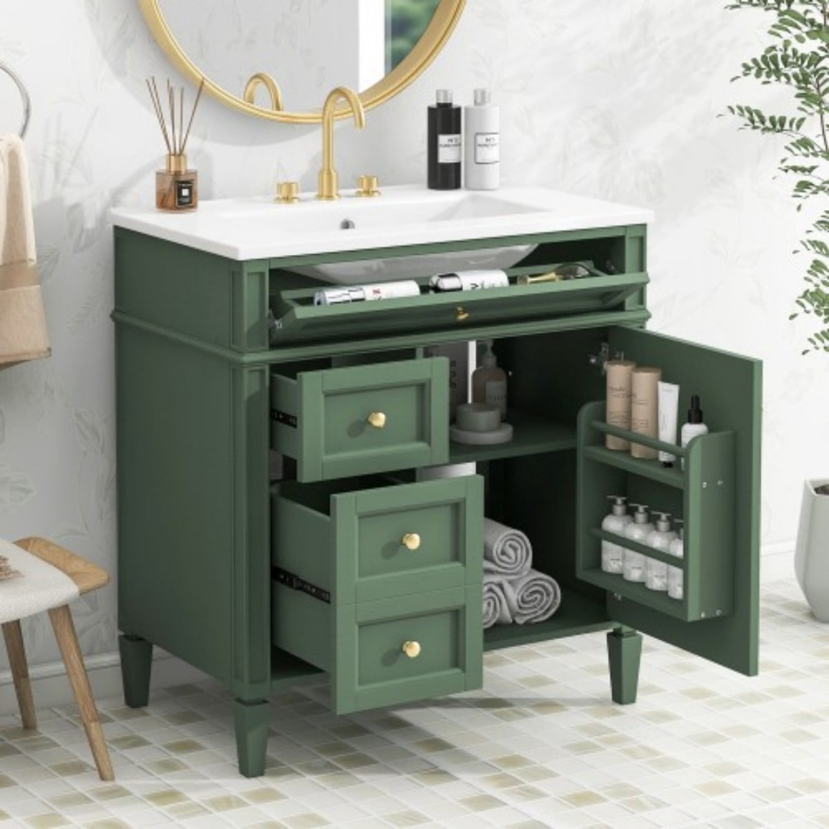 30" Bathroom Vanity with Sink, Modern Freestanding Bathroom Vanity Cabinet with Ceramic Sink, 3 Drawers & Tip-Out Drawer, Adjustable Shelf, White Storage Cabinet, Green