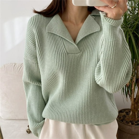 Clearance Sale! Rigardu Women's Autumn and Winter New Half Open Collar Pullover Long Sleeve Loose Knit Mint Green One Size
