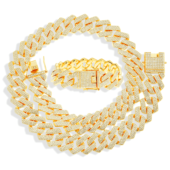 Iced Out 3-Row Necklace & Bracelet Set (20mm, Gold)