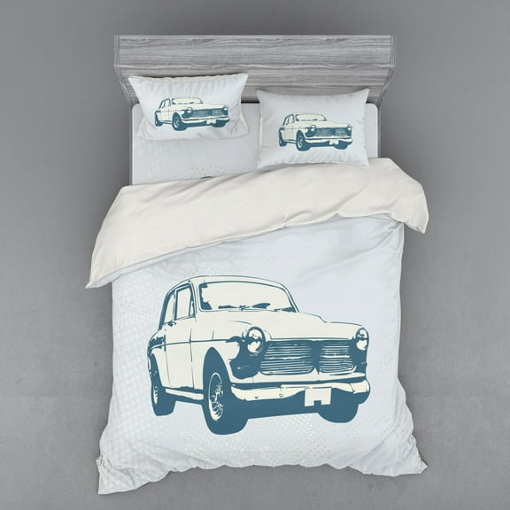Ambesonne Retro Bedding Set 4 Pcs, Vintage Car Silhouette Art, Queen, Slate Blue and Pale Blue