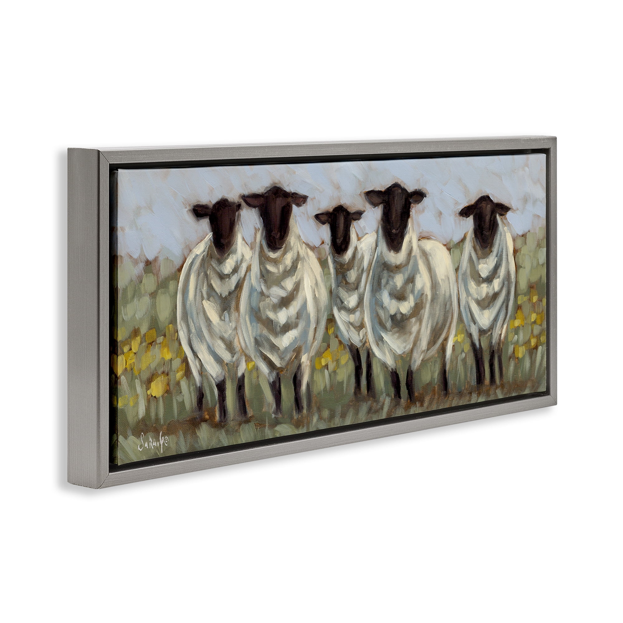 Stupell Industries Gazing Sheep Impression Animals Painting Gray Floater Framed Canvas Art Print Wall Art, 25 x 11