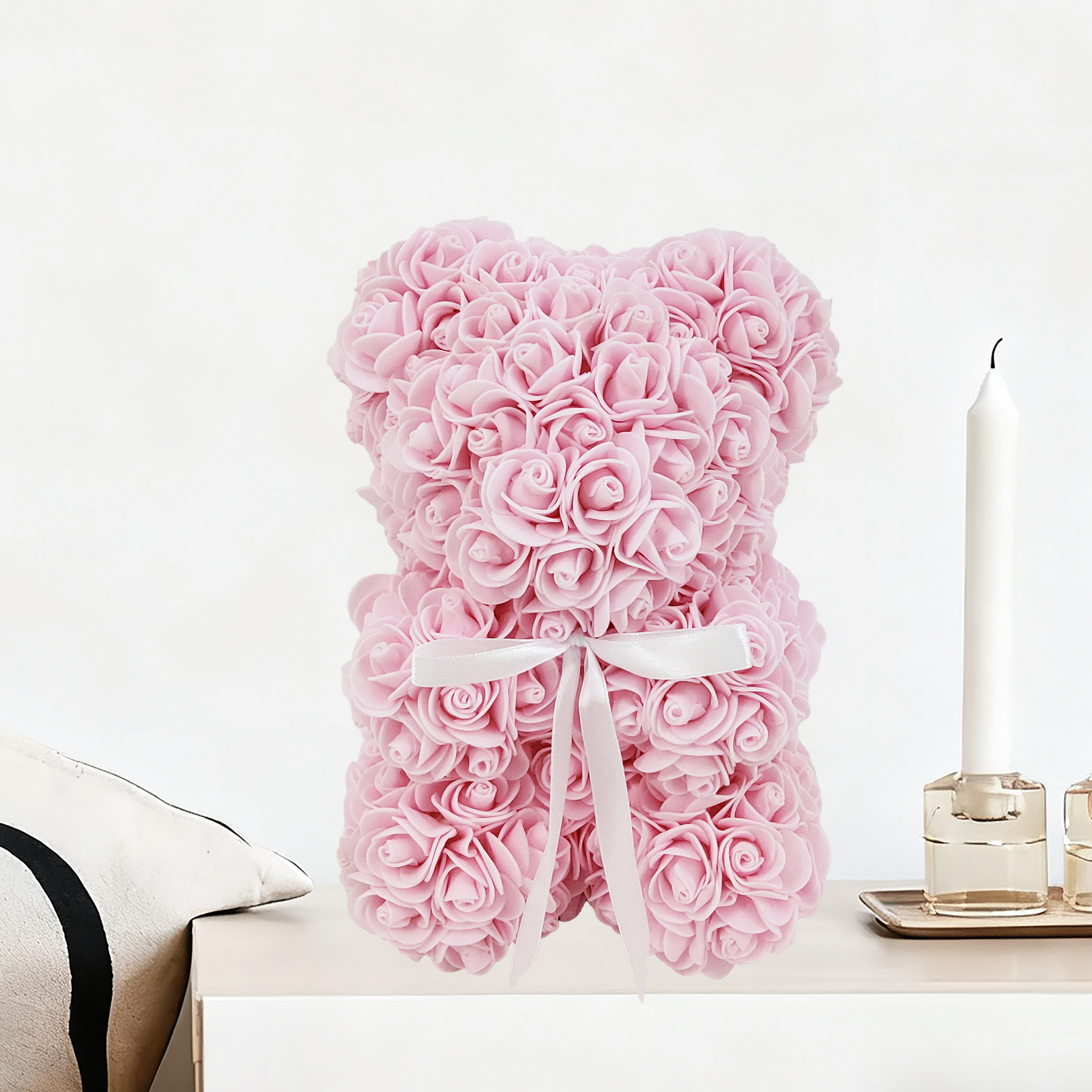 Way To Celebrate 9.25" Artificial Rose Bear Valentine's Day Gift, Light Pink Color
