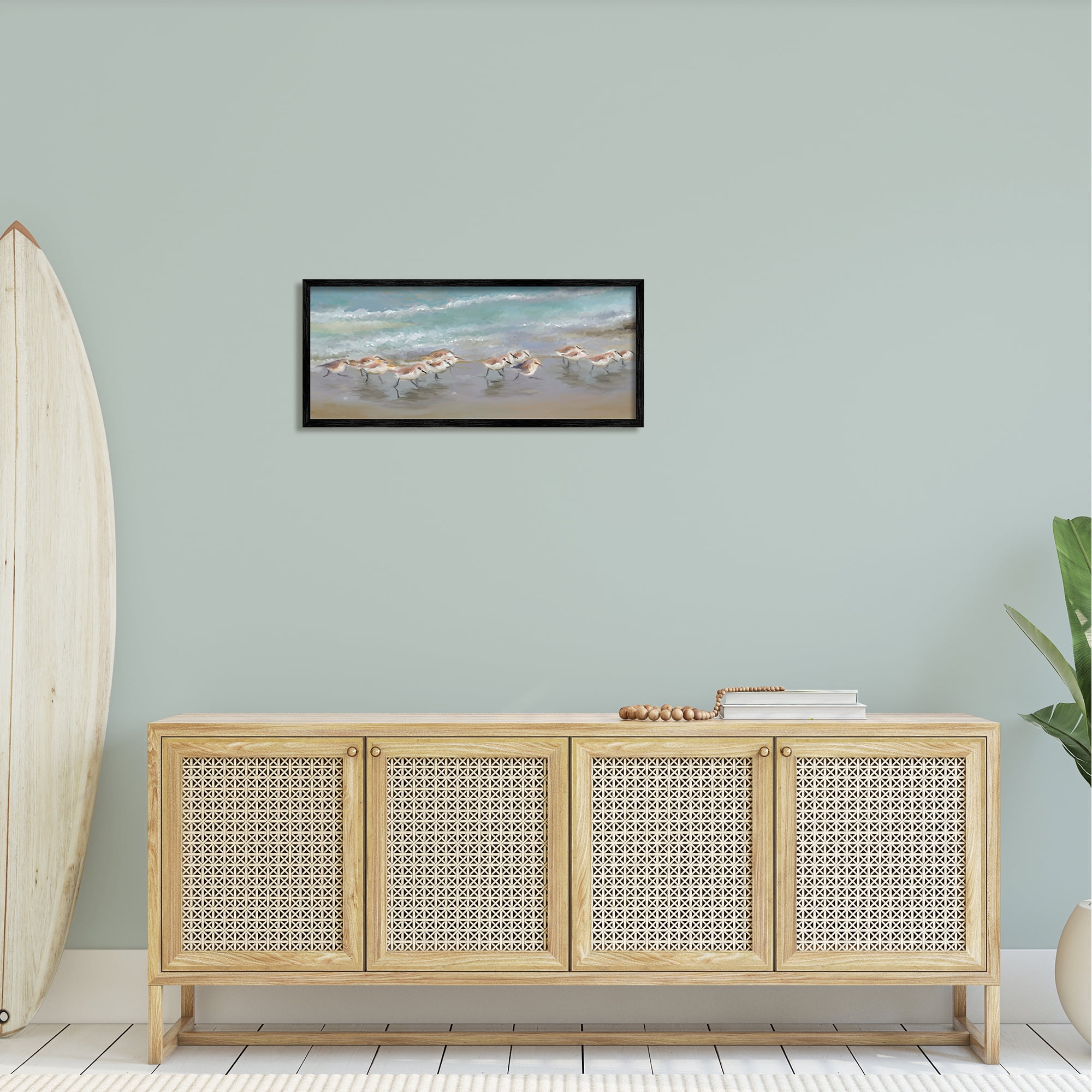 Stupell Sandpiper Flock Shoreline Splashing Landscape Painting Black Framed Art Print Wall Art