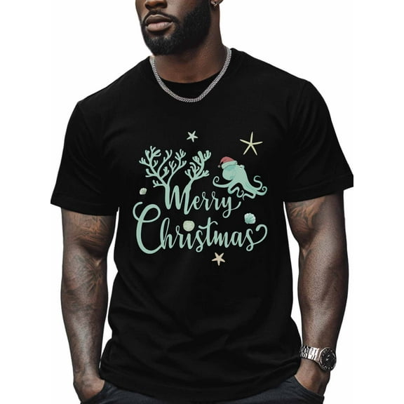 Merry Christmas Men's T Shirts Octopus Coral Santa Hat T-Shirt for Men Shell Starfish Ocean Crew Neck Tees Cotton Tops, Black, S