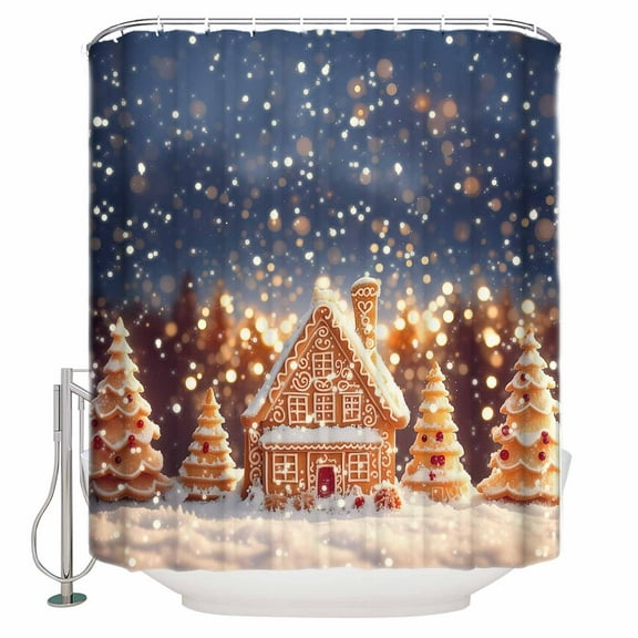 Christmas Gingerbread Shower Curtain, 48" x 72", Xmas Tree House Forest Winter Snow Waterproof Bathroom Curtain Washable Shower Curtain Set with 12 Hooks