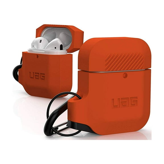 UAG Compatible with AirPods (1st Gen & 2nd Gen), Full-Body Protective Rugged Water Resistant Soft-Touch Silicone Case with Detachable Carabiner, Orange/Dark Grey