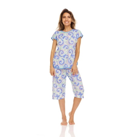 

Lati Fashion Women Capri and Short Sleeve Top 2-Piece Female Pajamas Set Blue XL