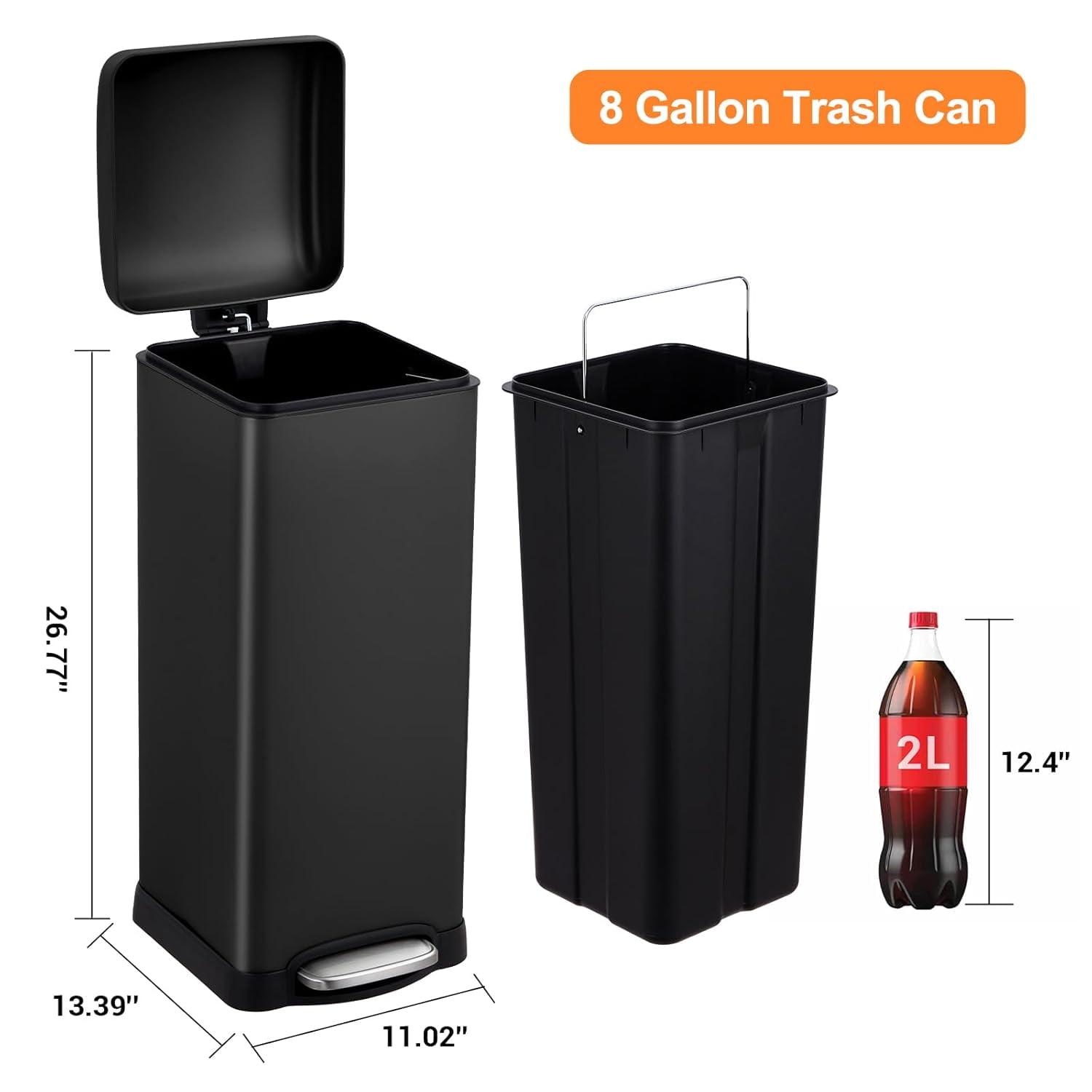 HELLONE 8 Gallon Bathroom Step Trash Can, 30-Liter Square Stainless Steel Foot Pedal Garbage Can with Soft-Close Lid for Kitchen, with Removable Inner Bucket, Black