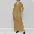 thumbnail image 2 of Women Button Up Shirt Dress V Neck Long Sleeves Cotton Linen Dress Long Beach Maxi T-Shirts Dress Side Split with Pocket, 2 of 5