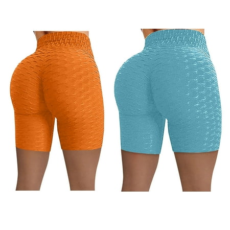 

Okbop Athletic Shorts for Women Summer 2PC Wrinkled High Waist Hip Stretch Solid Color Fitness Yoga Pants Shorts Maternity Shorts Light blue XL(10)