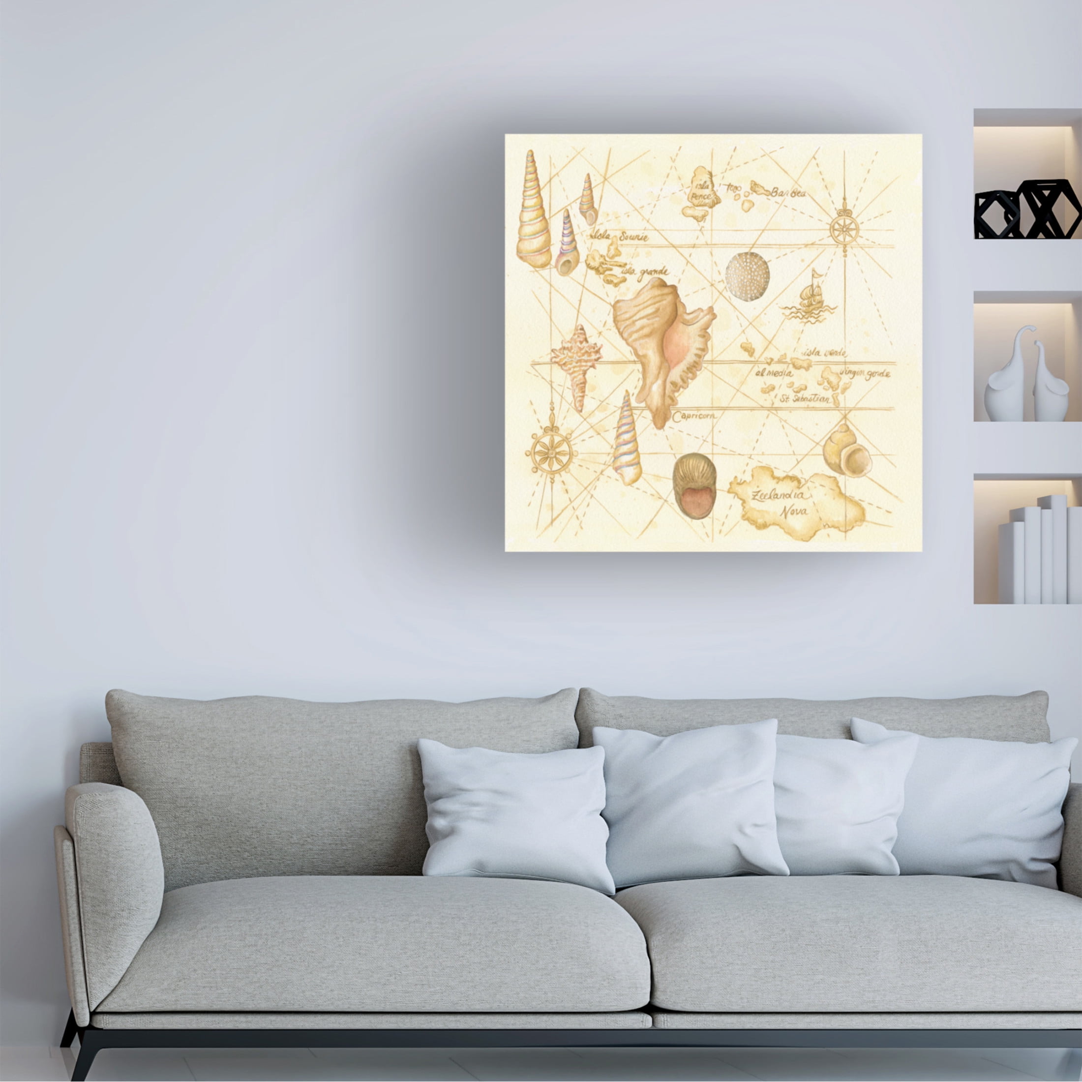 Canvas Wall Art - Andrea Strongwater 'Map Painted W Shells' Wall Art for Living Room, Bedroom, or Office Décor by Trademark Fine Art - 24 x 24 Inches