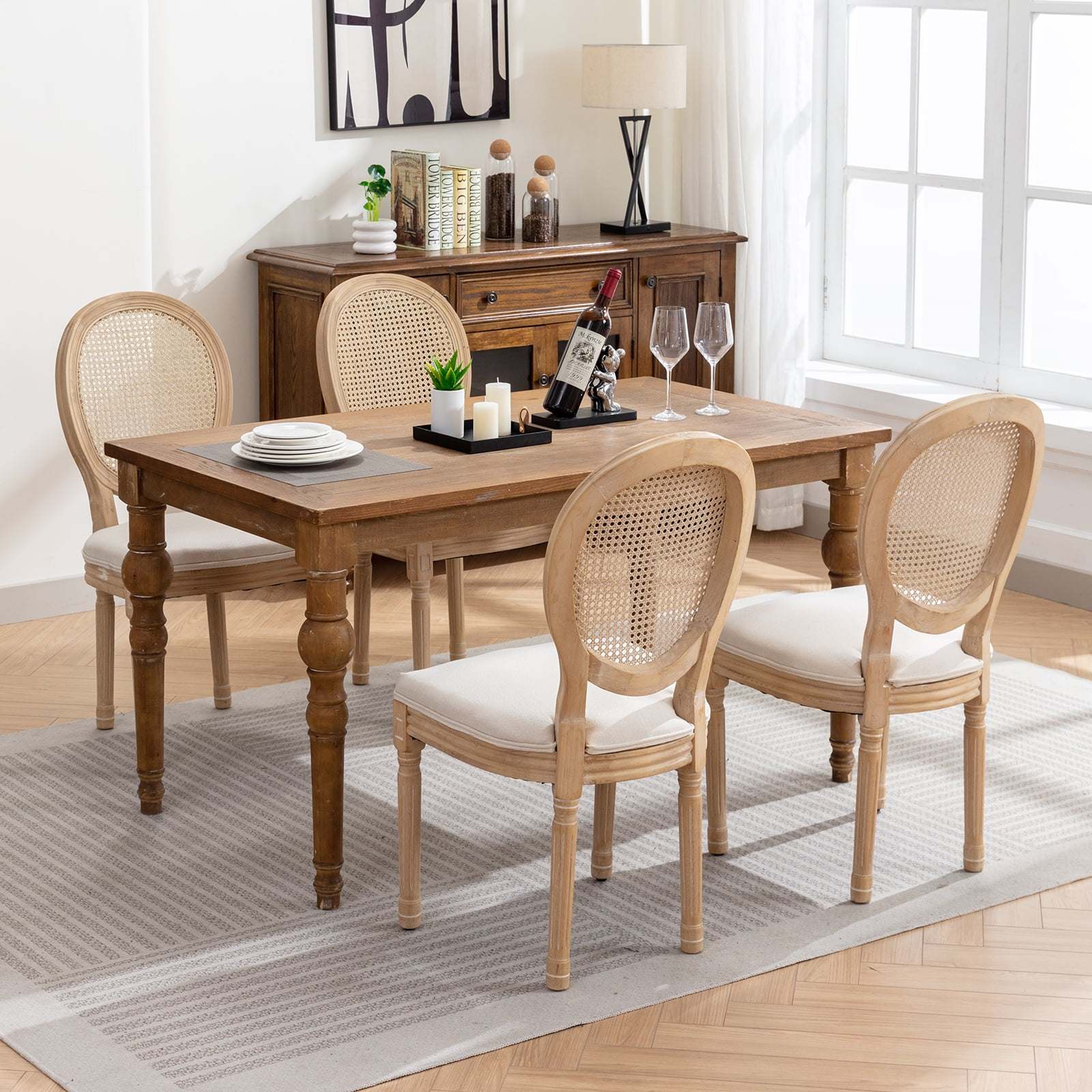 French Country Dining Chairs Set of 2, Cream Kitchen & Dining Room Chairs Set of 2, Ivory Rattan Dining Chairs, Cane Back, Wood Legs, Sillas De Comedor (Rattan, Beige, 2Pcs)