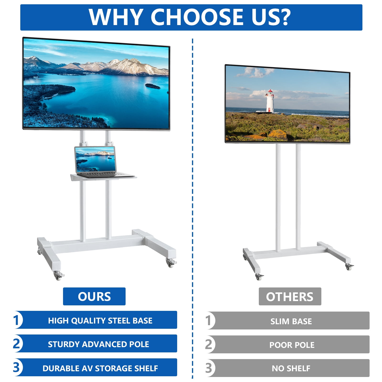RTVR Tall TV Stand with Wheels for 32 to 85 inch Flat Panel TVs Tilt Floor Trolley Stand Cart, Morden White Shelf