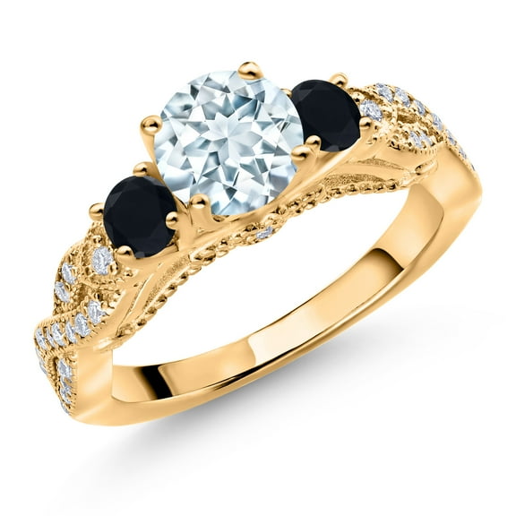 Gem Stone King 18K Yellow Gold Plated Silver Sky Blue Aquamarine Black Onyx and White Moissanite Engagement Ring for Women (1.22 Cttw, Gemstone March Birthstone, Round 6MM and 3MM, Size 8)