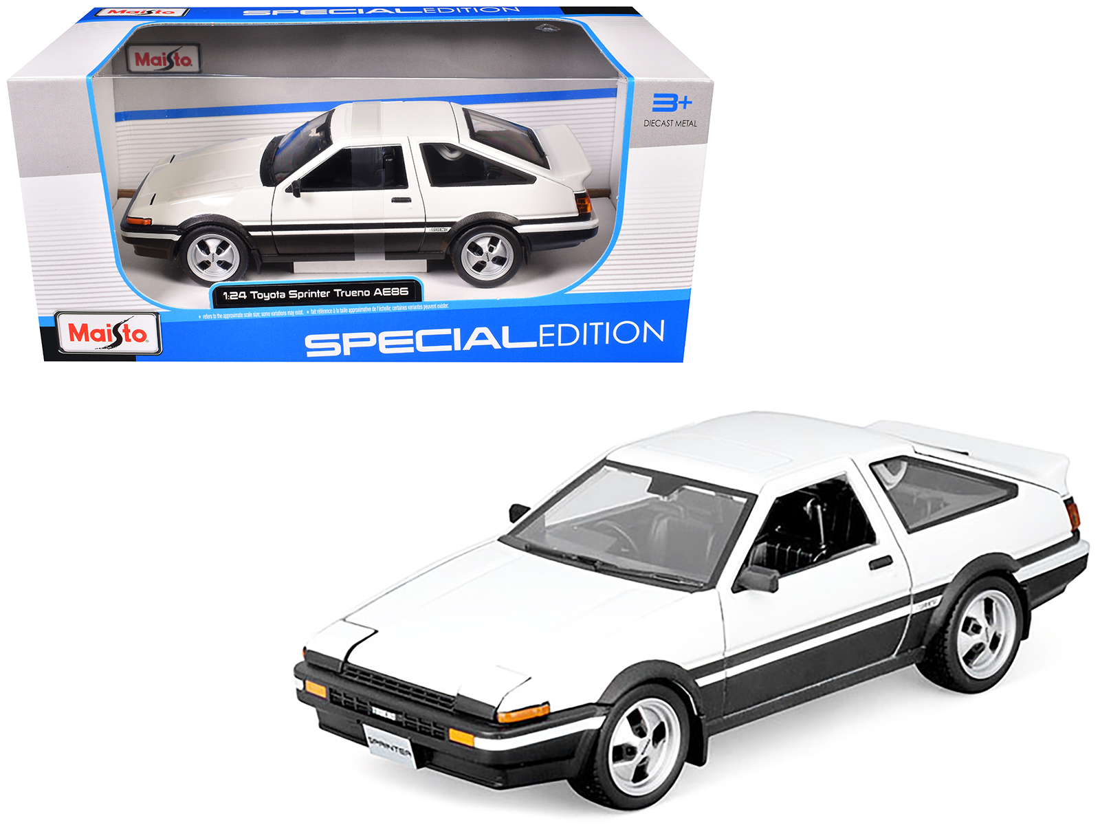 Toyota Sprinter Trueno AE86 RHD (Right Hand Drive) White with Black Stripes "Special Edition" 1/24 Diecast Model Car by Maisto