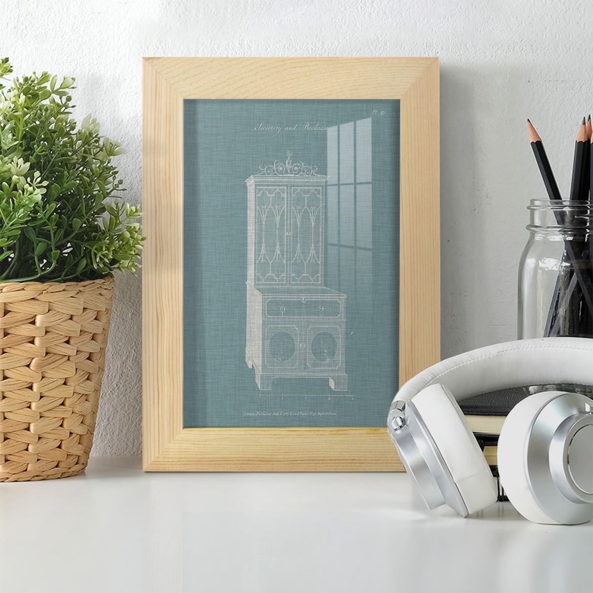 Hepplewhite Desk & Bookcase III - Framed Print w/glass - Natural Wood