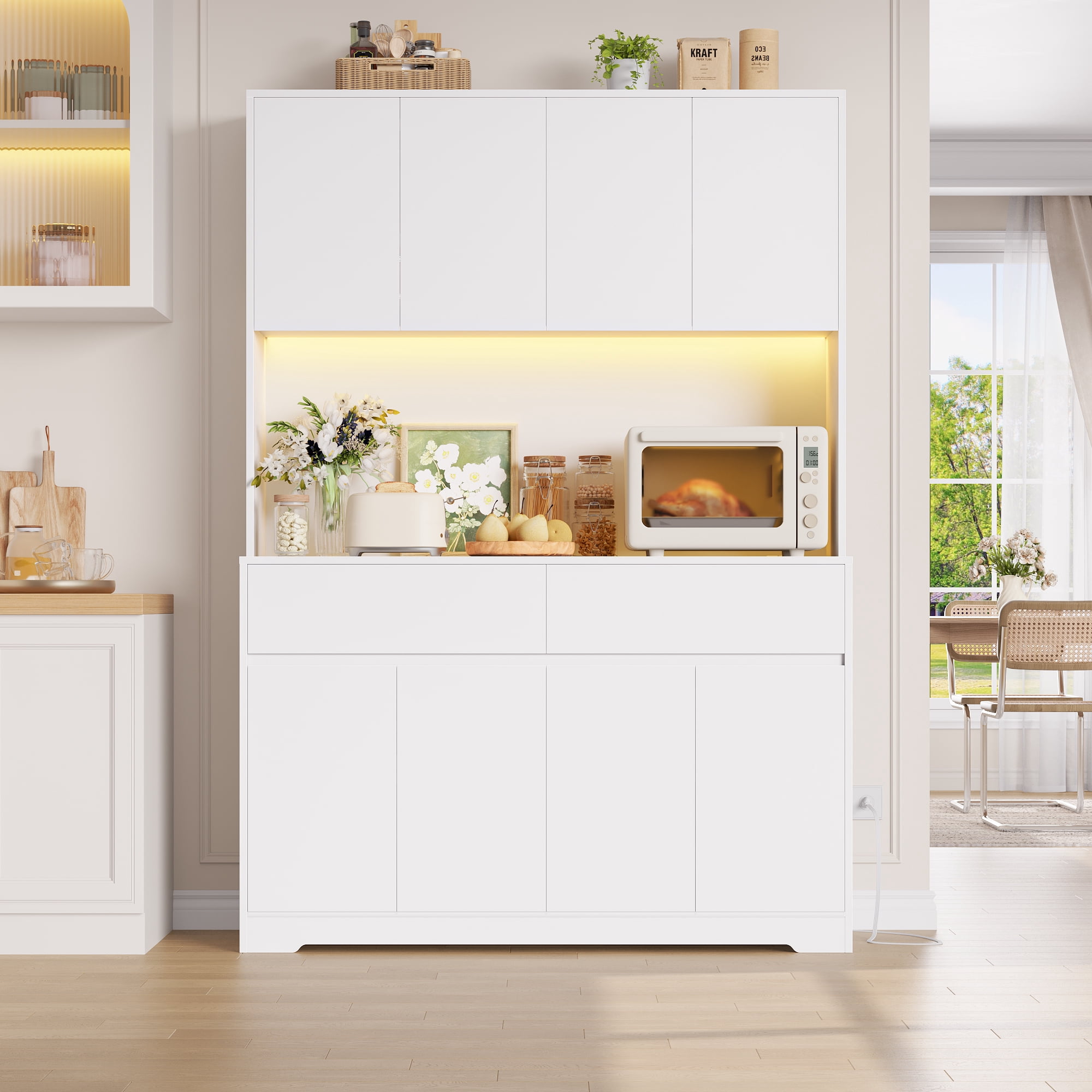 Hiphuta 71"Tall Modern Pantry Cabinet with Charge Station & Led Light, Freestanding Kitchen Hutch Cabinet for Dining Room, White