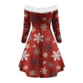 thumbnail image 3 of Robes à Épaules Dénudées pour Femmes à Manches Longues Robe de Noël Imprimée à Lacets Ligne A Évasée Cocktail Vacances Robe Courte, 3 of 5