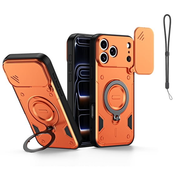 Mynvo Case for iPhone 17 Pro Max with Wrist Strap, Built-in Ring Holder Kickstand Slim Hard PC Rugged Non-Slip Anti-Fingerprint Shockproof Bumper for Women Men, Orange