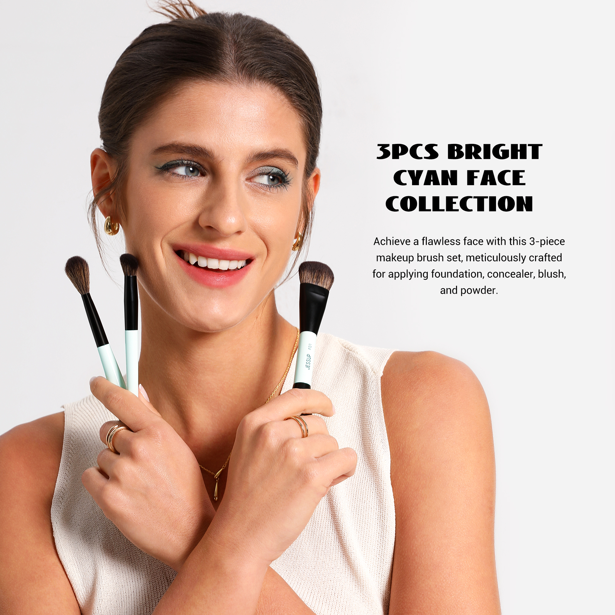 Jessup Face Makeup Brushes Blue 3pcs Double Ended Makeup Brush for Foundation Contour Blush Highlight and Concealer Brush, Premium Synthetic Brush Set T503