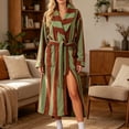 thumbnail image 5 of Virmaxy Striped Plush Bathrobe Women Long Sleeve Fleece Robe with Pockets Belted Housecoat Warm Winter Spa Loungewear Dressing Gown Army Green, 5 of 6